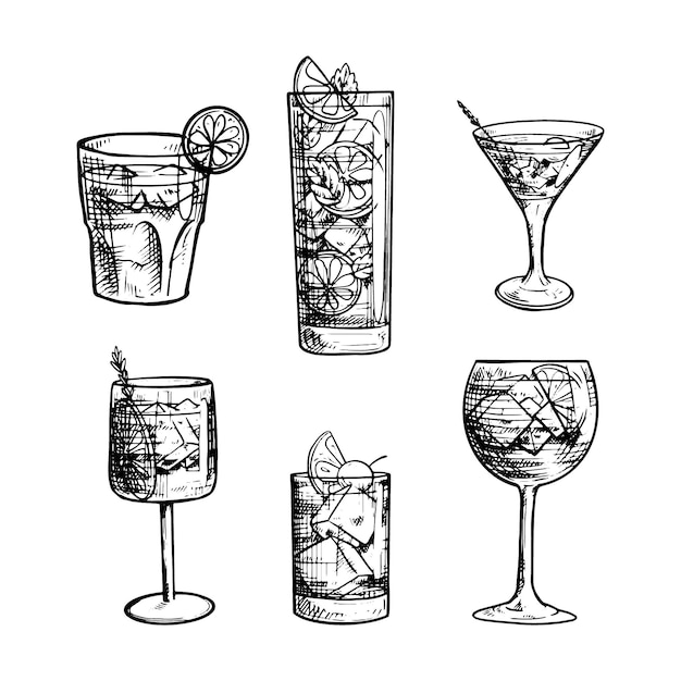 Vector black and white hand drawn cocktail collection