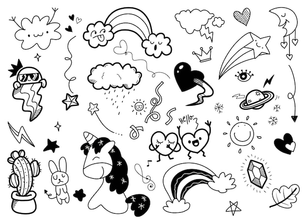 Black and white hand drawn doodles of cute elementsxa