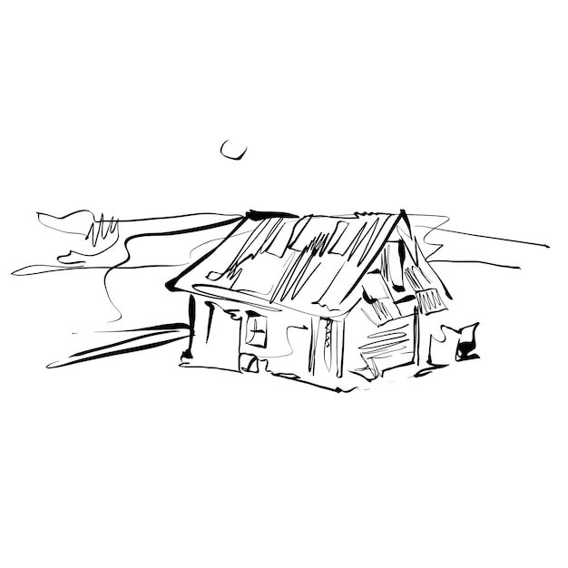 Черно-белый нарисованный вручную дом, иллюстрированный загородный дом.