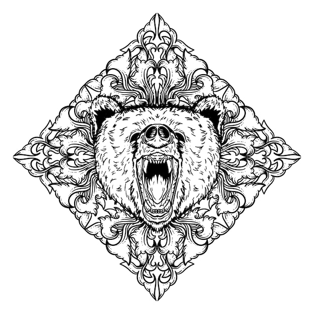 Illustrazione disegnata a mano in bianco e nero testa di orso e incisione ornamento premium