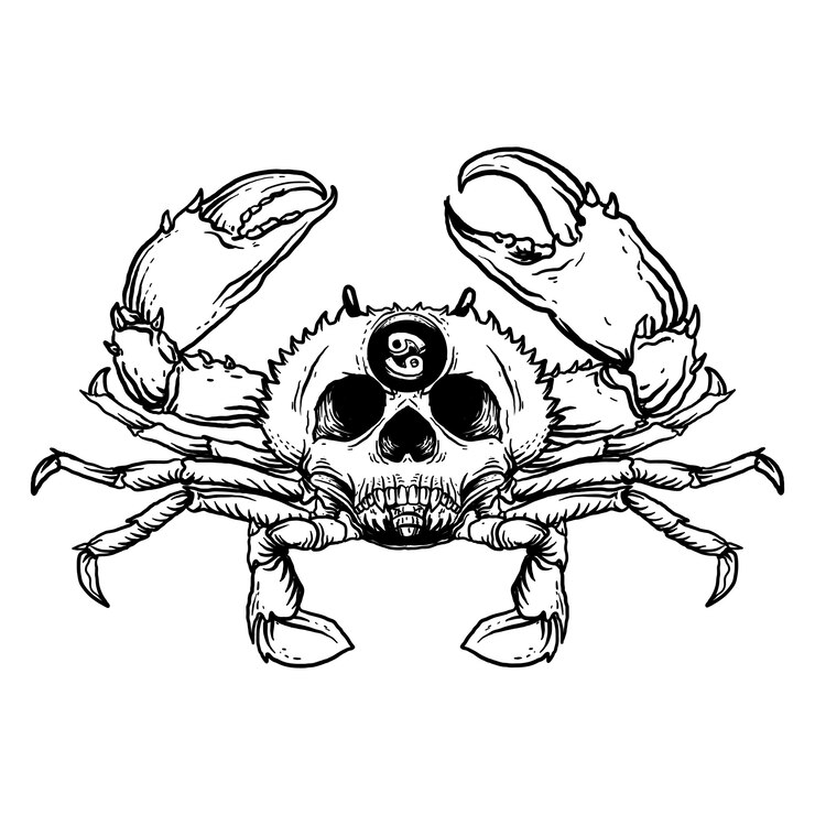Vector black and white hand drawn illustration cancer skull zodiac
