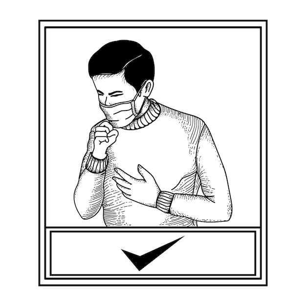 Illustrazione disegnata a mano in bianco e nero come tossire correttamente usando una maschera