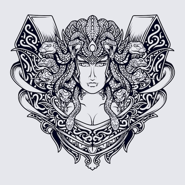 In bianco e nero illustrazione disegnata a mano medusa incisione ornamento