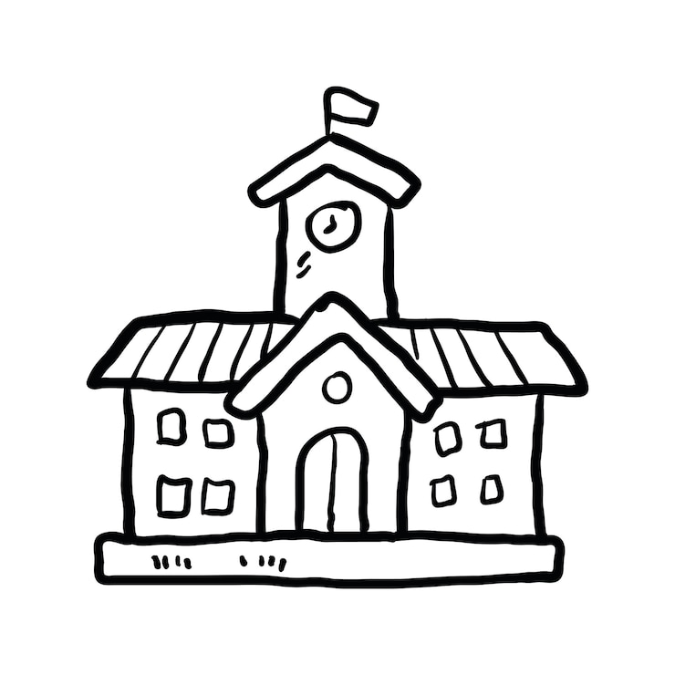 Vector black and white hand drawn illustration of school building