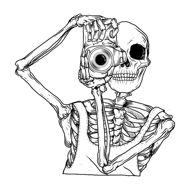 Black and white hand drawn illustration skeleton with camera