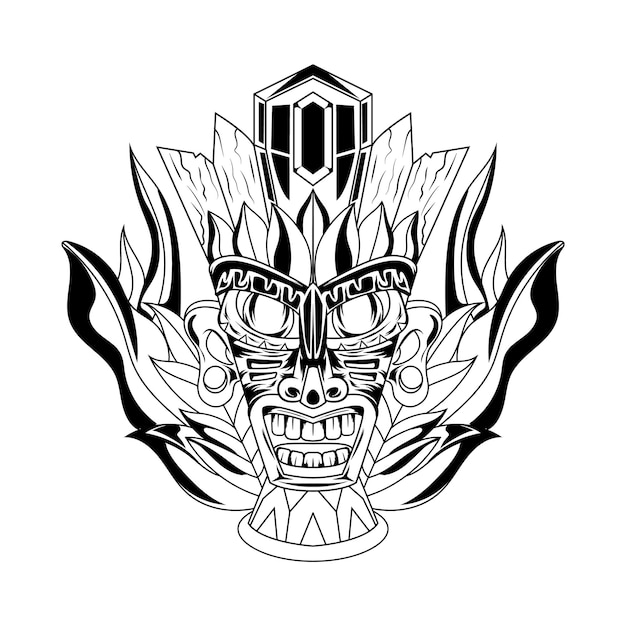 Black and white hand drawn illustration tiki mask tattoos devil indian