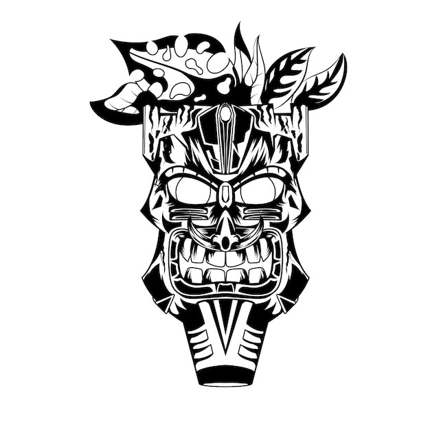 Black and white hand drawn illustration tiki mask tattoos devil indian