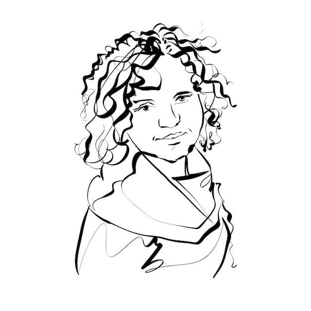 Vector black and white hand drawn illustration of a woman, girl with curly hair.