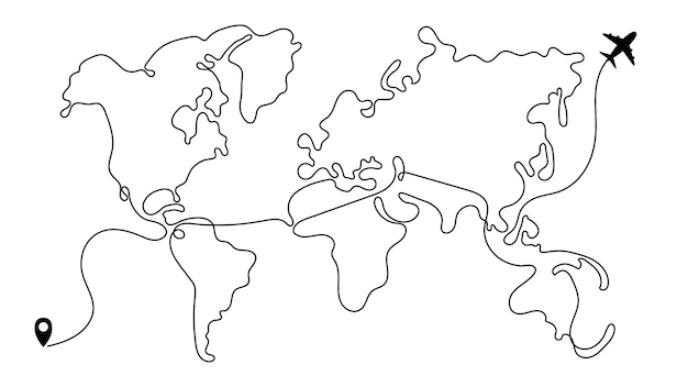 Vettore mappa del mondo disegnata a mano in bianco e nero