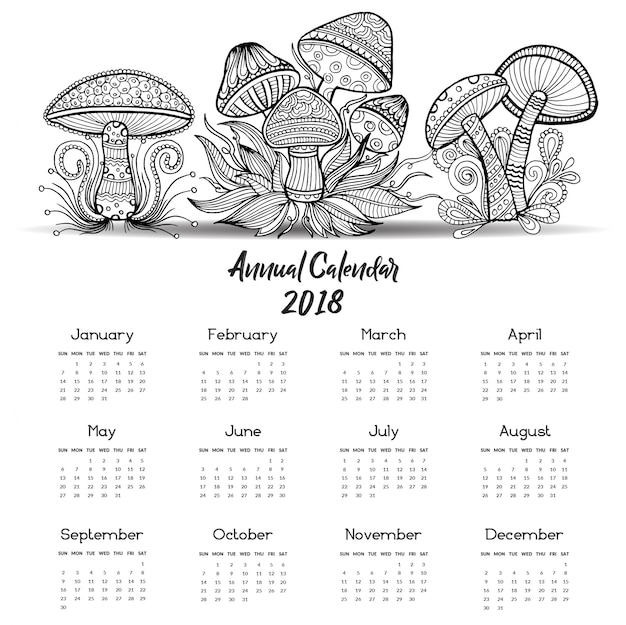 Calendario di funghi disegnati a mano in bianco e nero 2018