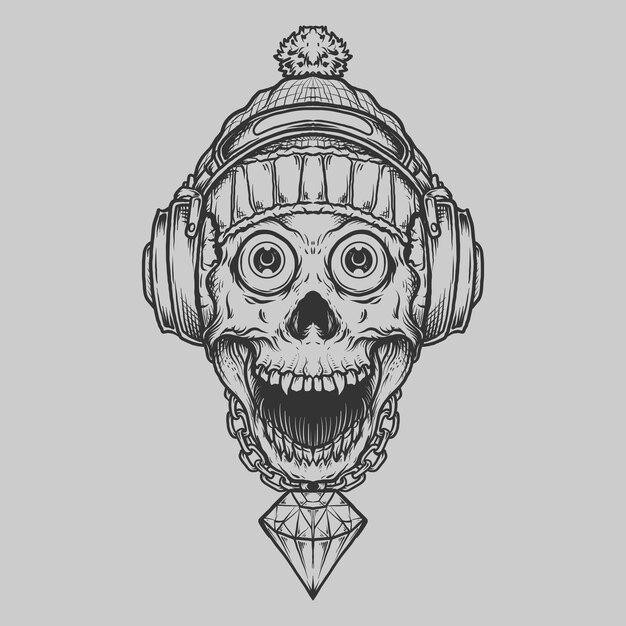 Vector black and white hand drawn skull with winter hat earphone and diamond engraving ornament