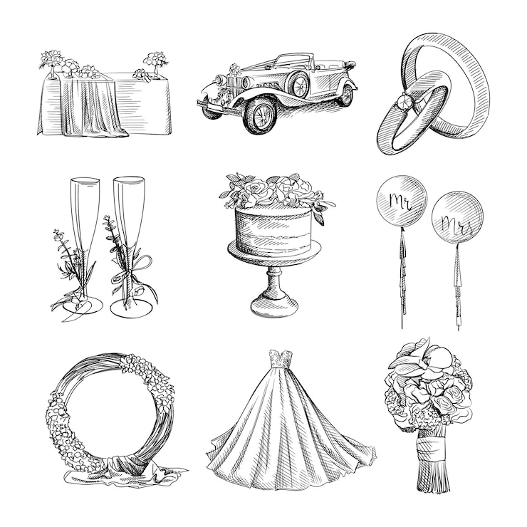 Vector black and white hand-drawn watercolor wedding set.