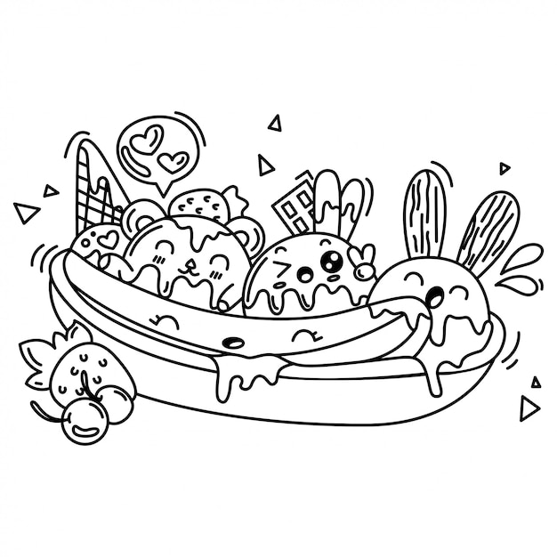 Black and White Happy Ice Cream Doodle Illustration