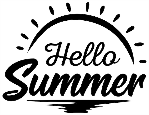 A black and white hello summer logo with the sun in the middle