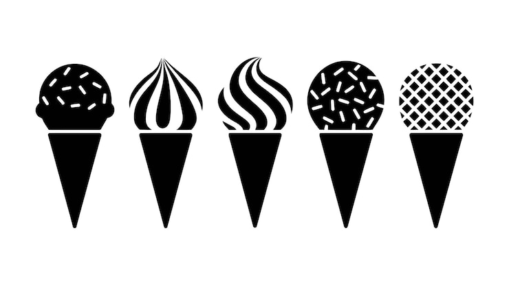 Vector black and white ice cream cone set with different designs classic cones with sprinkles swirls