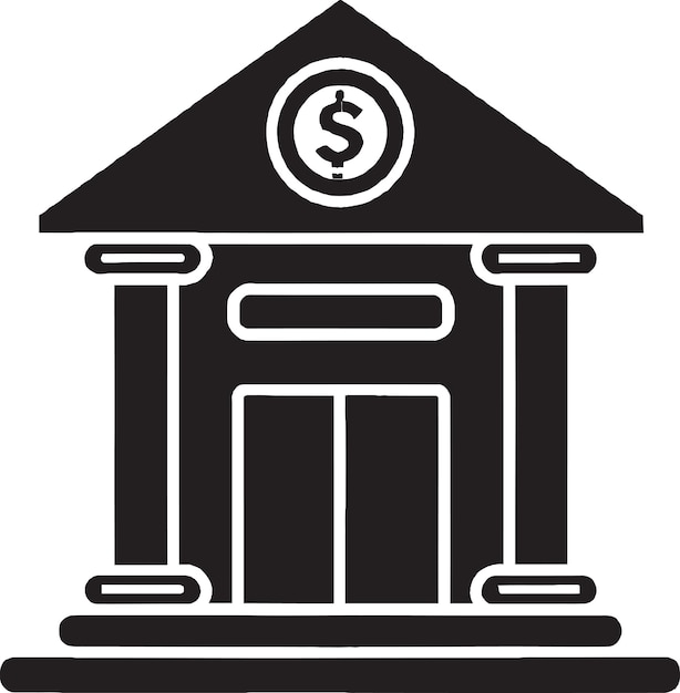 A black and white icon of a bank building with a dollar sign.