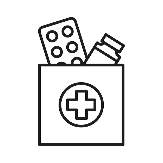 A black and white icon of a box filled with pills and a cross