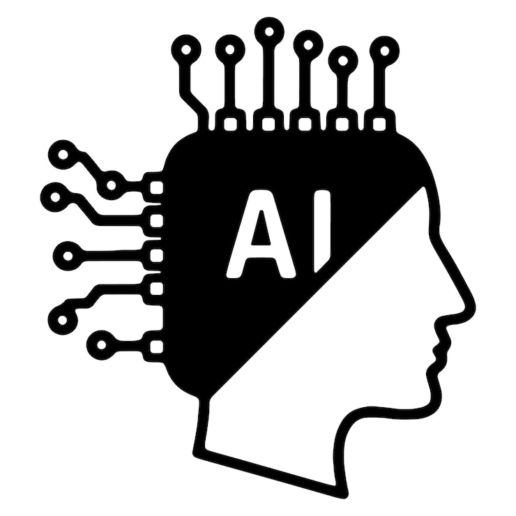 Vector black and white icon of a chipset with ai text and pin connections for technology graphics