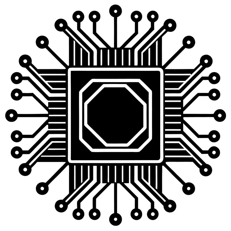 Vector black and white icon of a circuit board with lines and dots