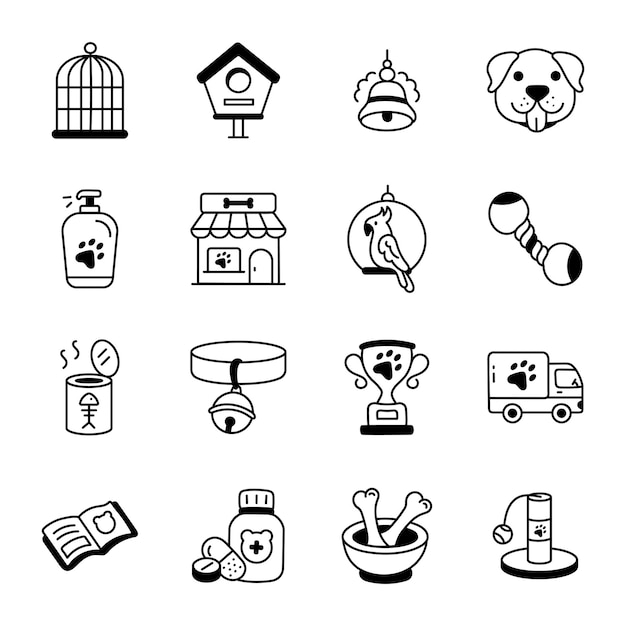 A black and white icon set of pets including a bird a bird