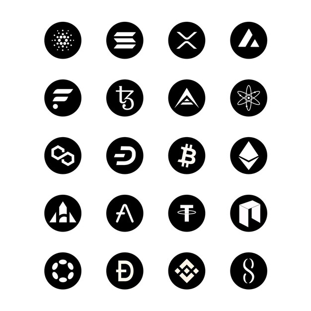 Vector black and white icons of cryptocurrency