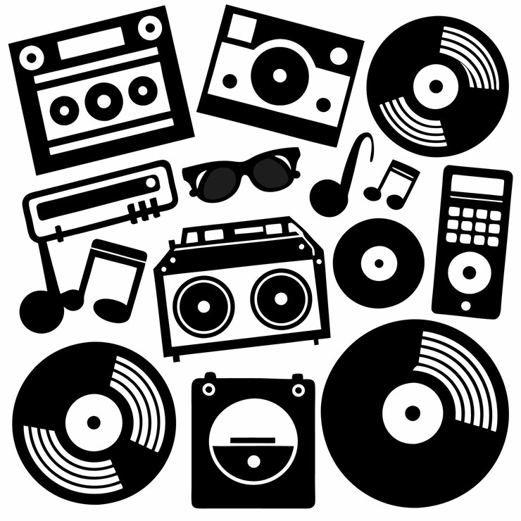 Vector 黒と白の音楽写真と技術のアイコン