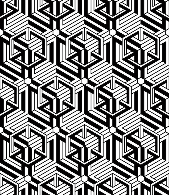 Black and white illusive abstract geometric seamless 3d pattern. Vector stylized infinite backdrop, best for graphic and web design.