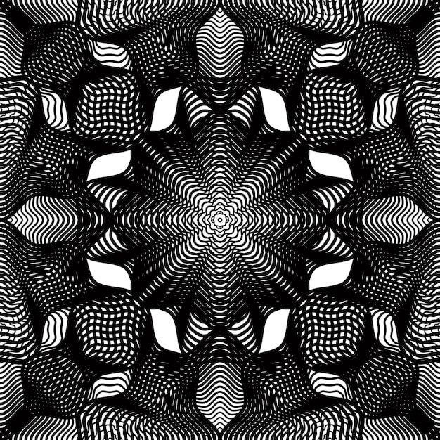 Black and white illusive abstract seamless pattern with overlapping shapes. Vector symmetric backdrop, kaleidoscope ornate.