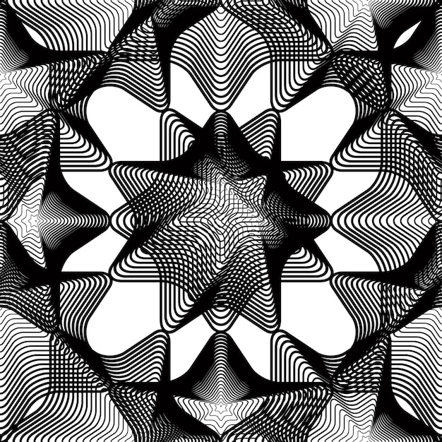 Black and white illusive abstract seamless pattern with overlapping shapes. Vector symmetric backdrop, kaleidoscope ornate.
