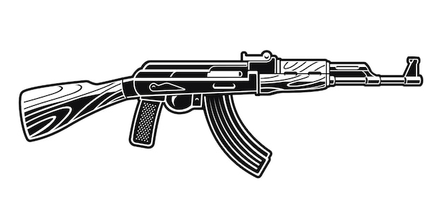 A black and white illustration of an ak 47 rifle.