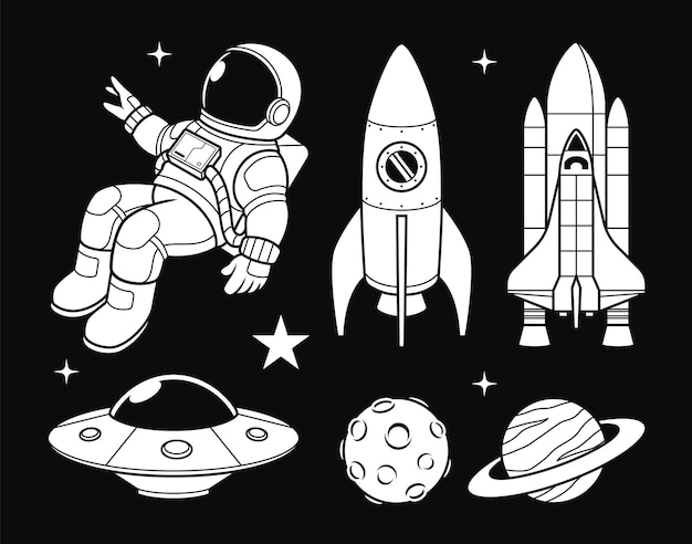 A black and white illustration of an astronaut and spaceships