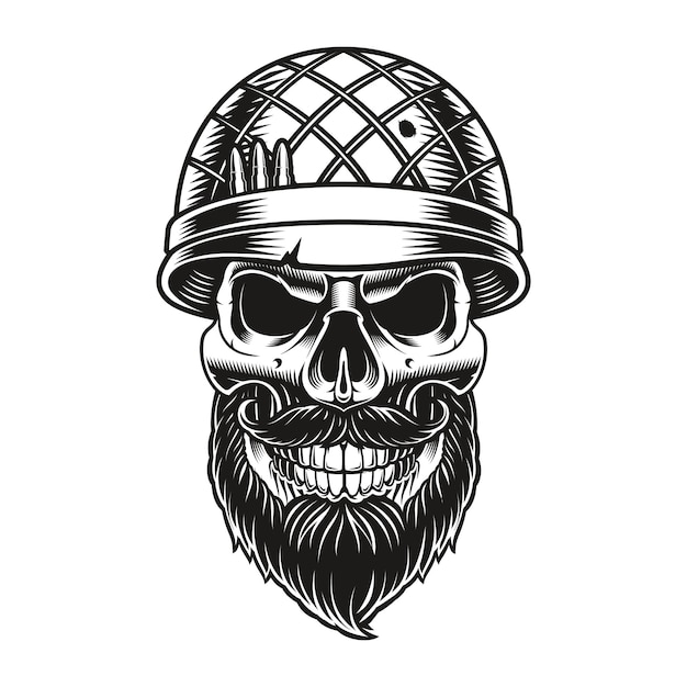 Vector a black and white illustration of a bearded skull soldier