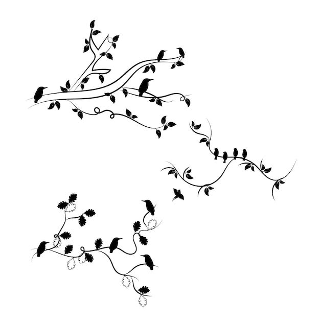 A black and white illustration of birds on a branch.