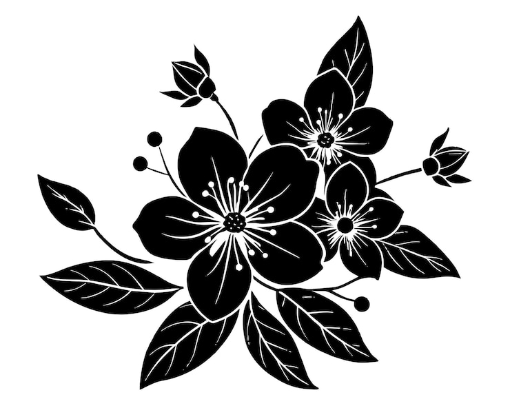 Vector 葉のある花束の黒と白のイラスト