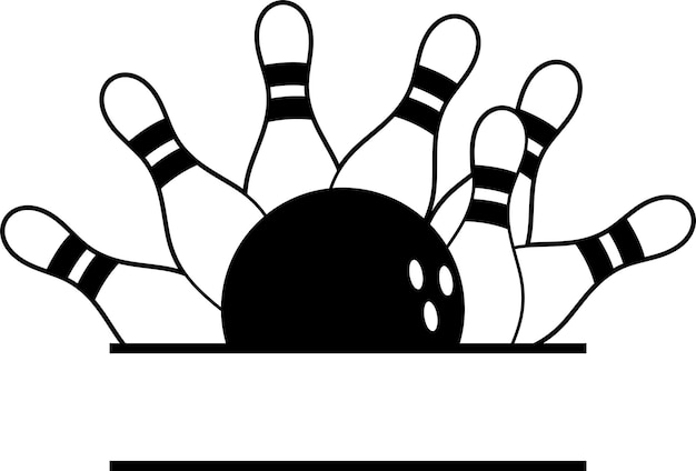 A black and white illustration of a bowling ball hitting pins.