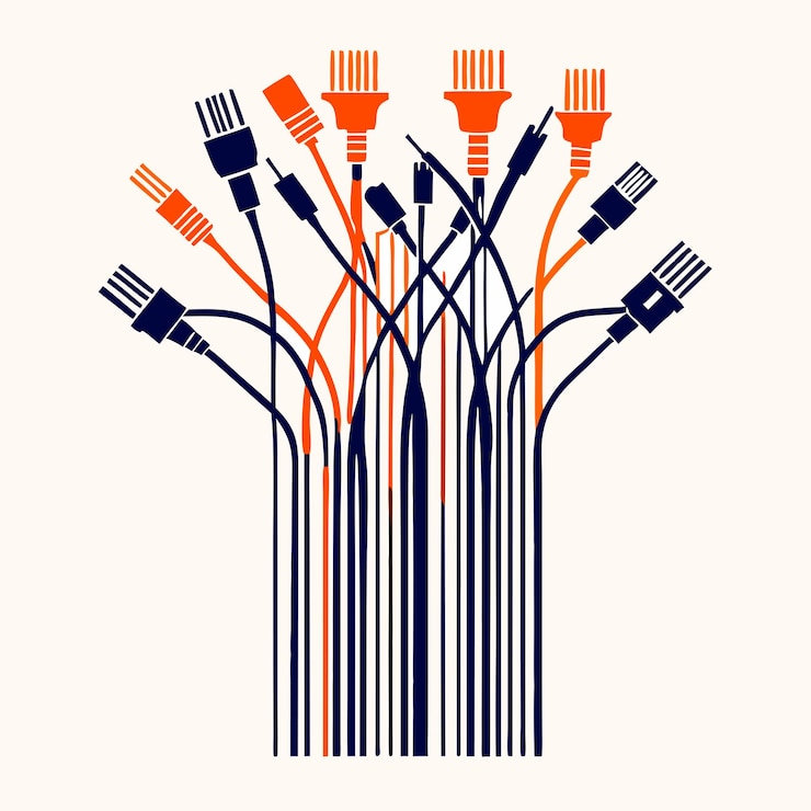 Vector a black and white illustration of a bunch of electrical cables