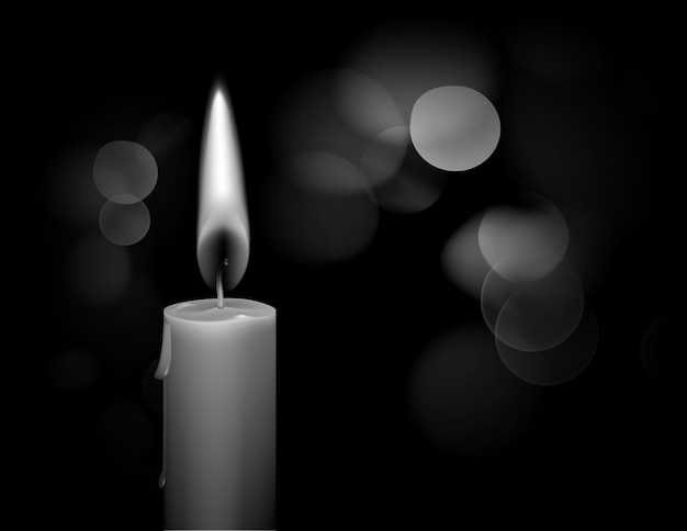 Black and white illustration of burning wax candle with flame on bokeh background