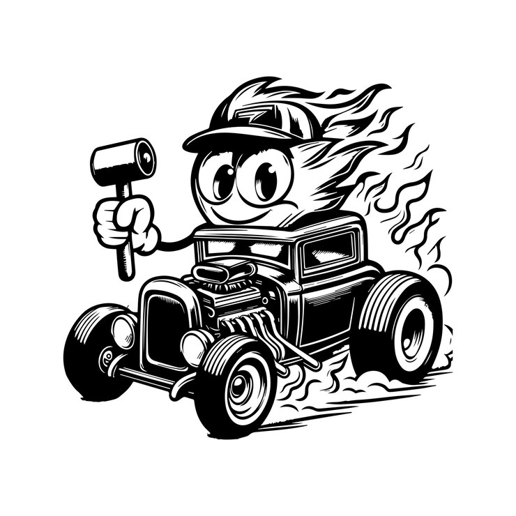 Vector a black and white illustration of a cartoon hot rod with a character isolated