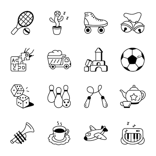 A black and white illustration of a collection of icons including a tennis ball, a ball, a ball, a ball, a ball, a ball, a ball, a ball, a ball