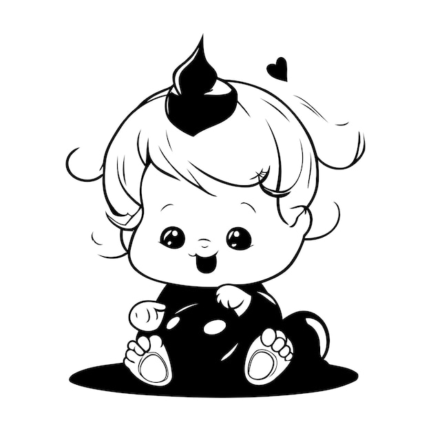 Black and white illustration of a cute little girl sitting on a rock