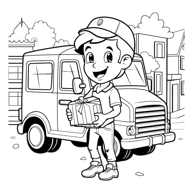 Vector black and white illustration of a delivery boy holding a gift box