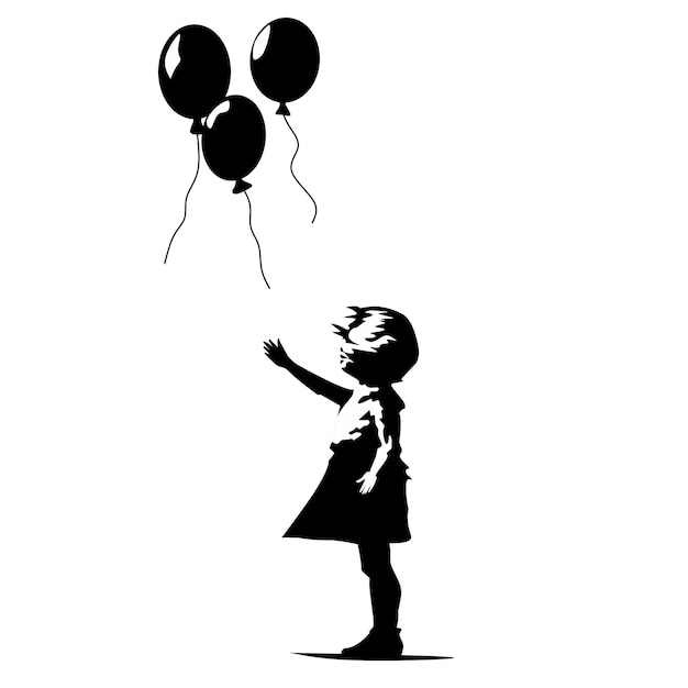 black and white illustration design of a girl with balloons on a white background