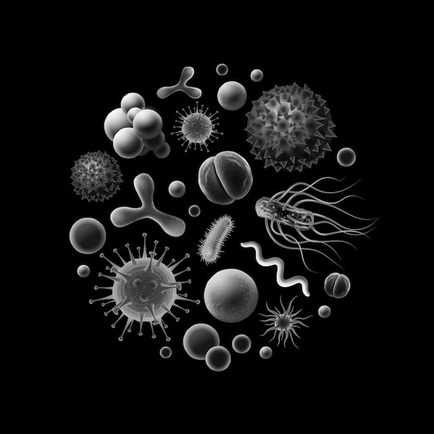  black and white illustration of different bacteria and virus cells cocci spirilla bacilli isolated on background