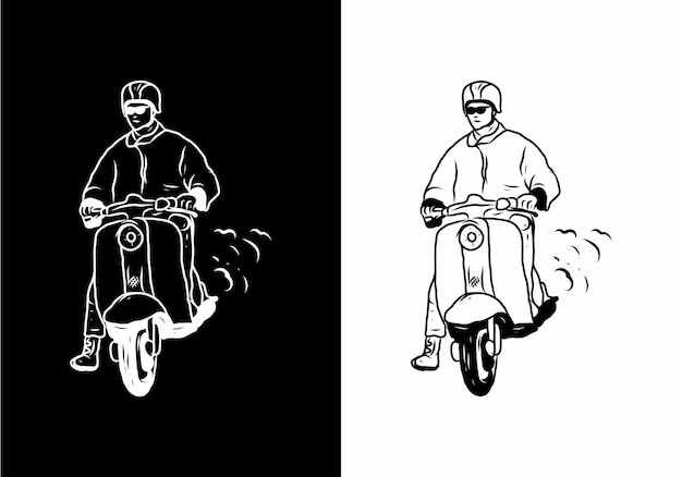 Black and white illustration drawing of man with scooter