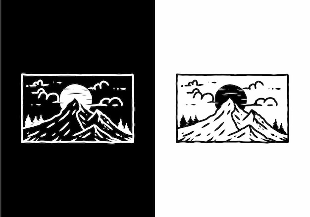 Black and white illustration drawing of mountain in rectangle shape