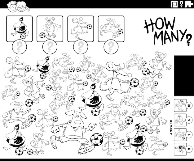 Black and white illustration of educational counting activity with cartoon animal characters playing soccer coloring page