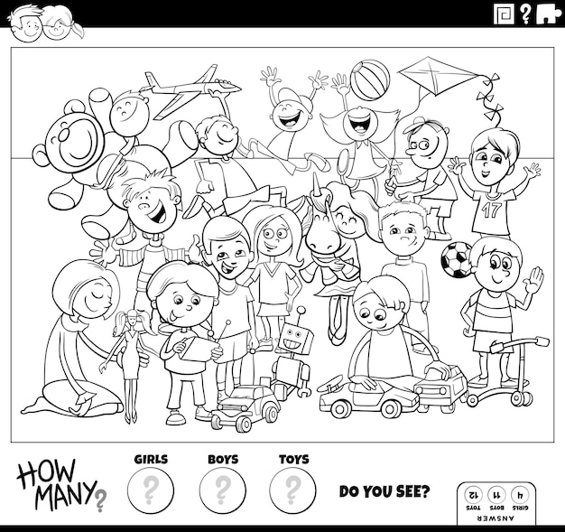 Black and white illustration of educational counting activity with cartoon children and toys coloring page