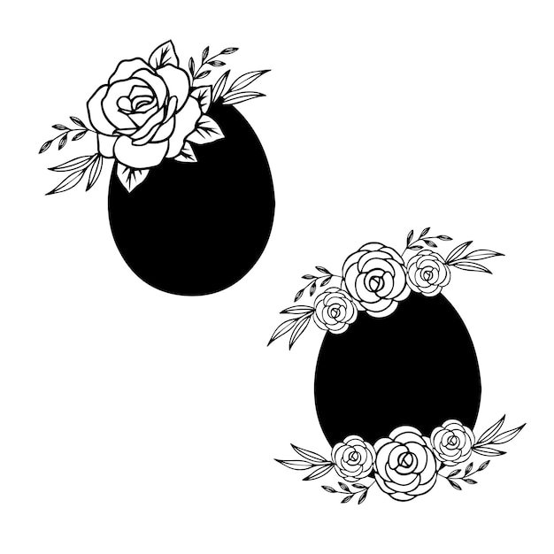 A black and white illustration of eggs with roses and roses on the front.