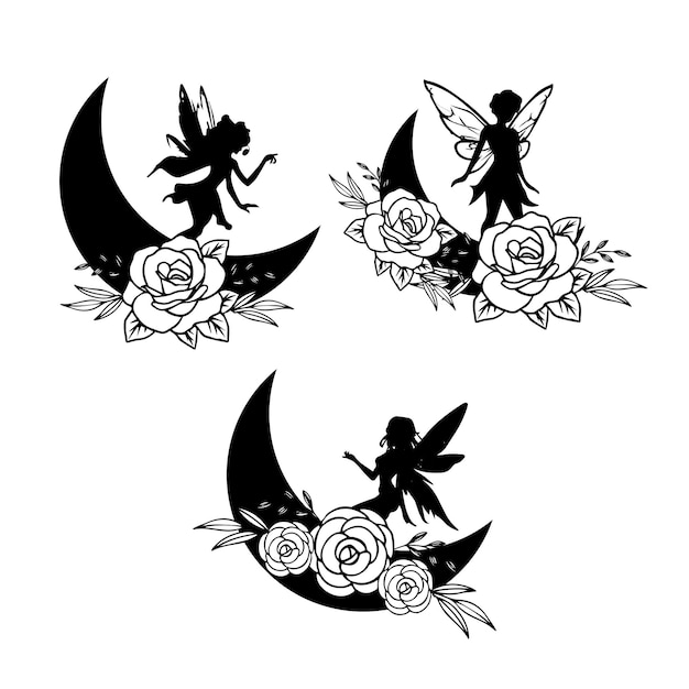 A black and white illustration of a fairy on a moon with roses.
