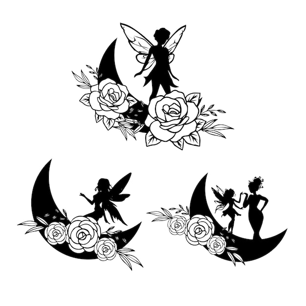 A black and white illustration of a fairy with roses on the moon.